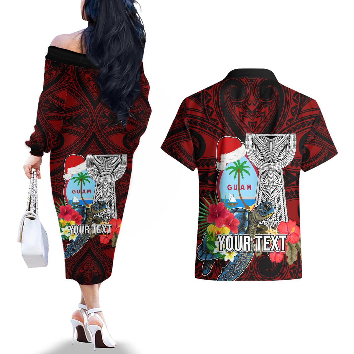 Custom Guam Christmas Couples Matching Off The Shoulder Long Sleeve Dress and Hawaiian Shirt Santa Gift Latte Stone and Sea Turle Mix Hibiscus Chamorro Red Style LT03