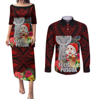 Custom Guam Christmas Couples Matching Puletasi Dress and Long Sleeve Button Shirt Santa Gift Latte Stone and Sea Turle Mix Hibiscus Chamorro Red Style LT03