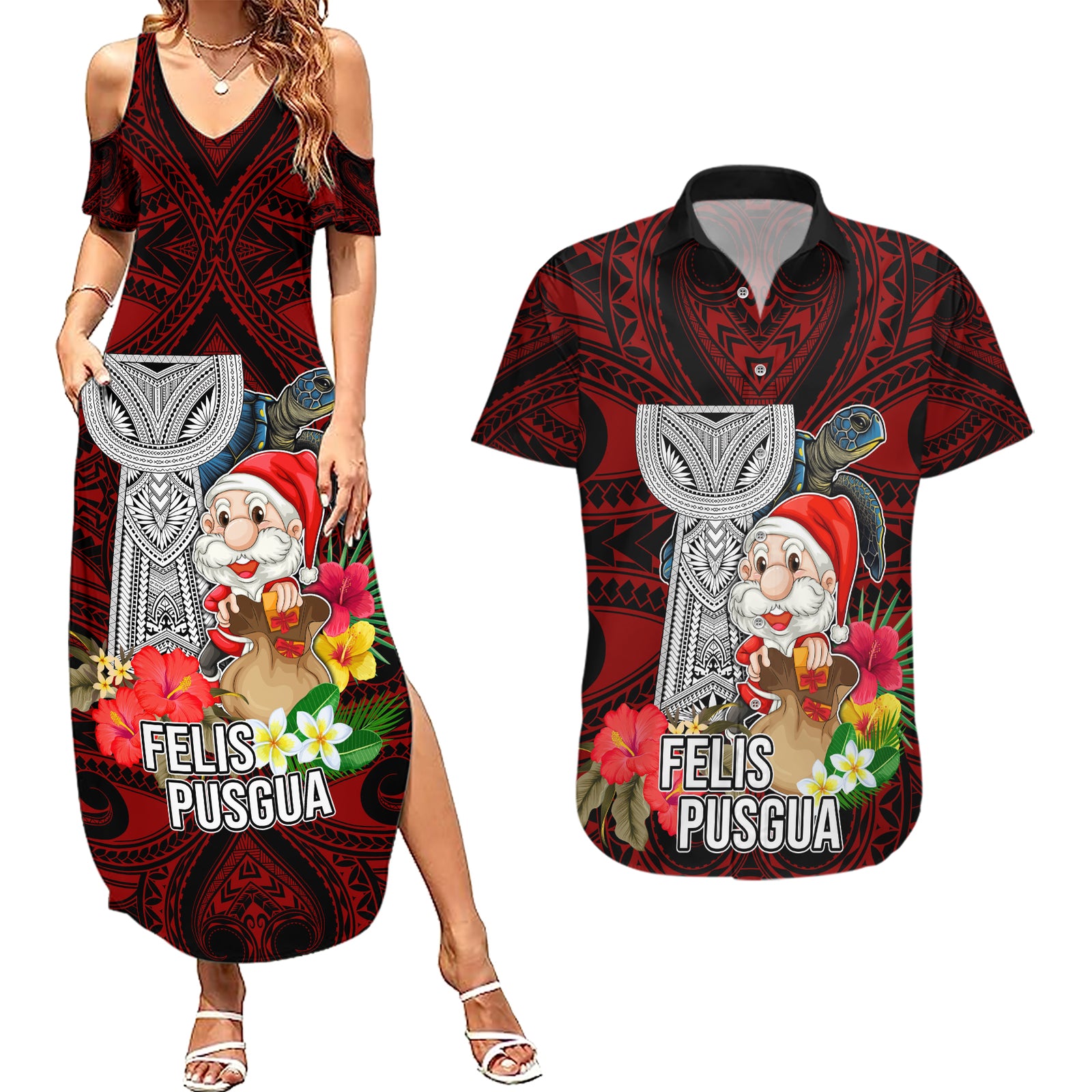 Custom Guam Christmas Couples Matching Summer Maxi Dress and Hawaiian Shirt Santa Gift Latte Stone and Sea Turle Mix Hibiscus Chamorro Red Style LT03