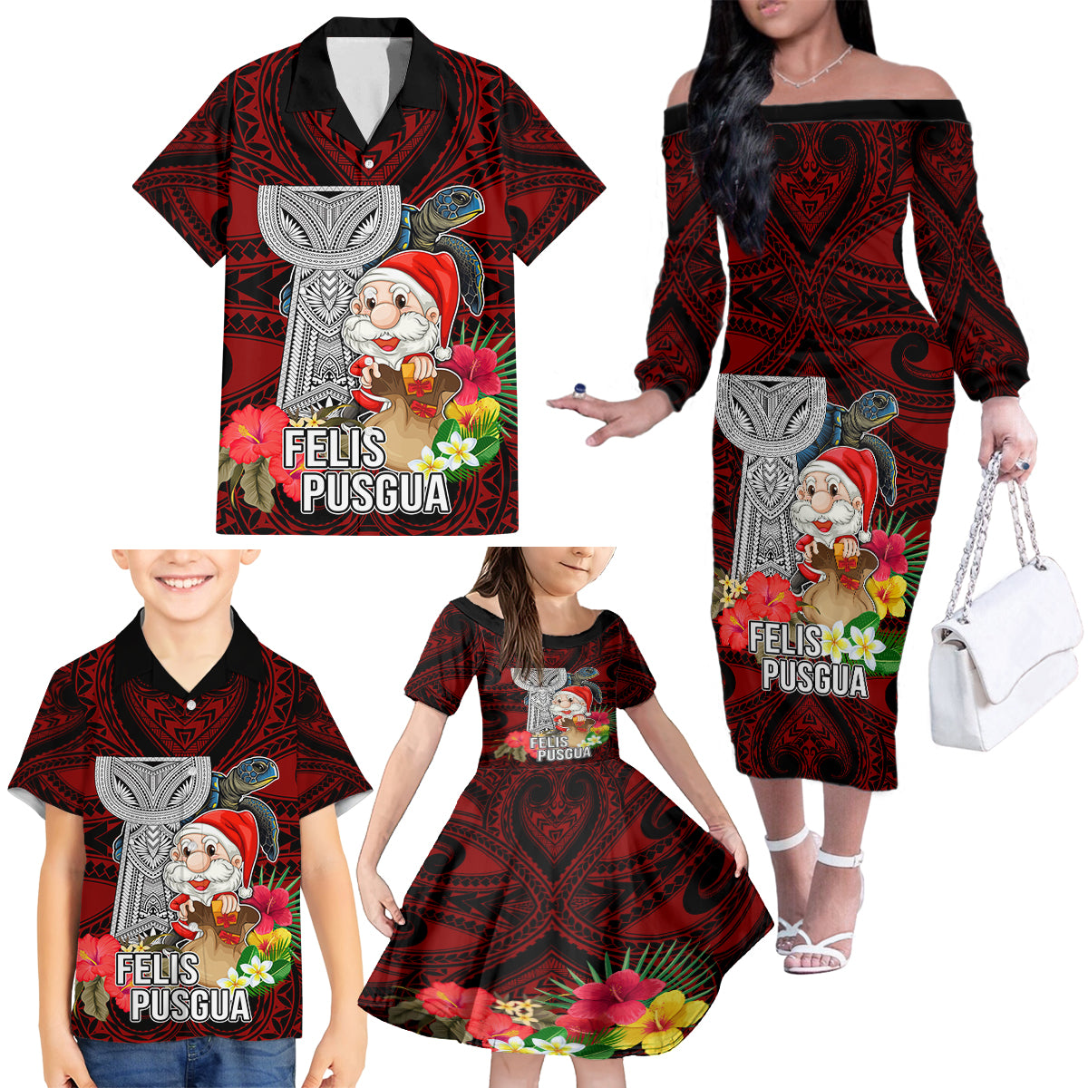 Custom Guam Christmas Family Matching Off Shoulder Long Sleeve Dress and Hawaiian Shirt Santa Gift Latte Stone and Sea Turle Mix Hibiscus Chamorro Red Style LT03 - Polynesian Pride