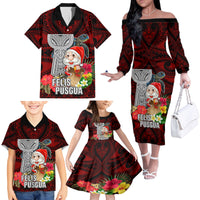 Custom Guam Christmas Family Matching Off Shoulder Long Sleeve Dress and Hawaiian Shirt Santa Gift Latte Stone and Sea Turle Mix Hibiscus Chamorro Red Style LT03 - Polynesian Pride