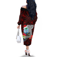Custom Guam Christmas Family Matching Off Shoulder Long Sleeve Dress and Hawaiian Shirt Santa Gift Latte Stone and Sea Turle Mix Hibiscus Chamorro Red Style LT03 - Polynesian Pride
