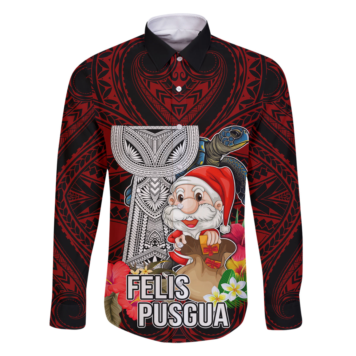 Custom Guam Christmas Family Matching Off Shoulder Maxi Dress and Hawaiian Shirt Santa Gift Latte Stone and Sea Turle Mix Hibiscus Chamorro Red Style LT03 Dad's Shirt - Long Sleeve Red - Polynesian Pride