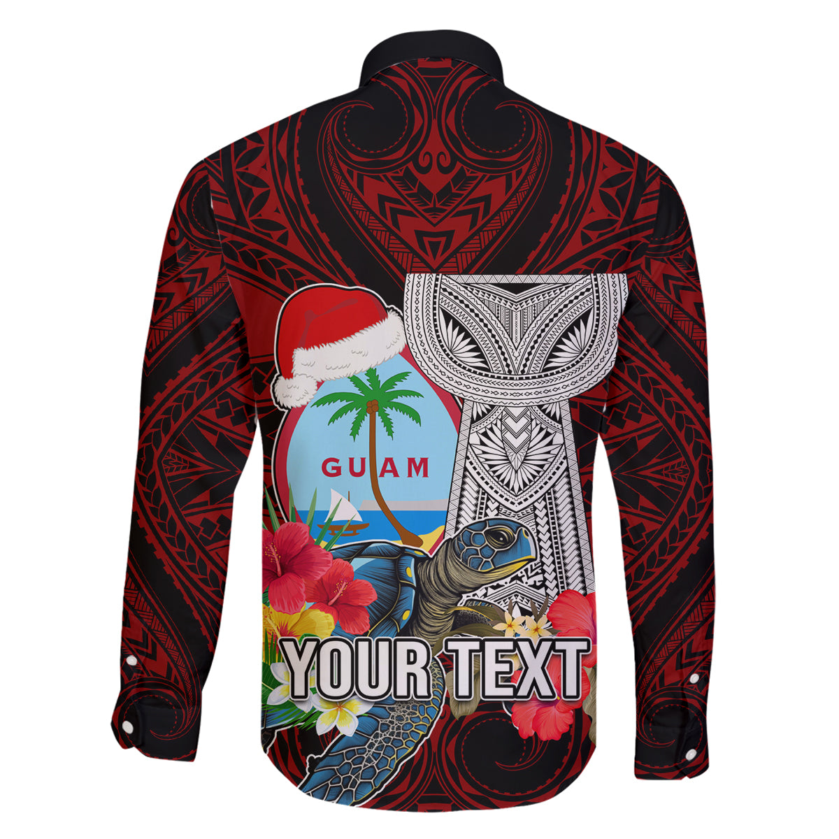 Custom Guam Christmas Family Matching Off Shoulder Maxi Dress and Hawaiian Shirt Santa Gift Latte Stone and Sea Turle Mix Hibiscus Chamorro Red Style LT03 - Polynesian Pride