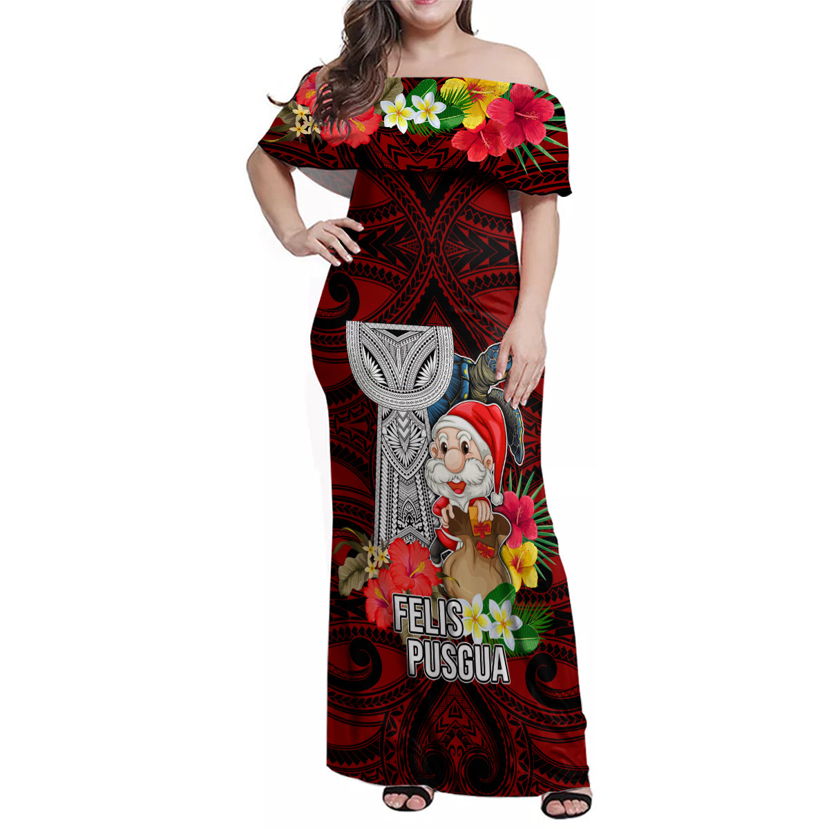 Custom Guam Christmas Family Matching Off Shoulder Maxi Dress and Hawaiian Shirt Santa Gift Latte Stone and Sea Turle Mix Hibiscus Chamorro Red Style LT03 Mom's Dress Red - Polynesian Pride