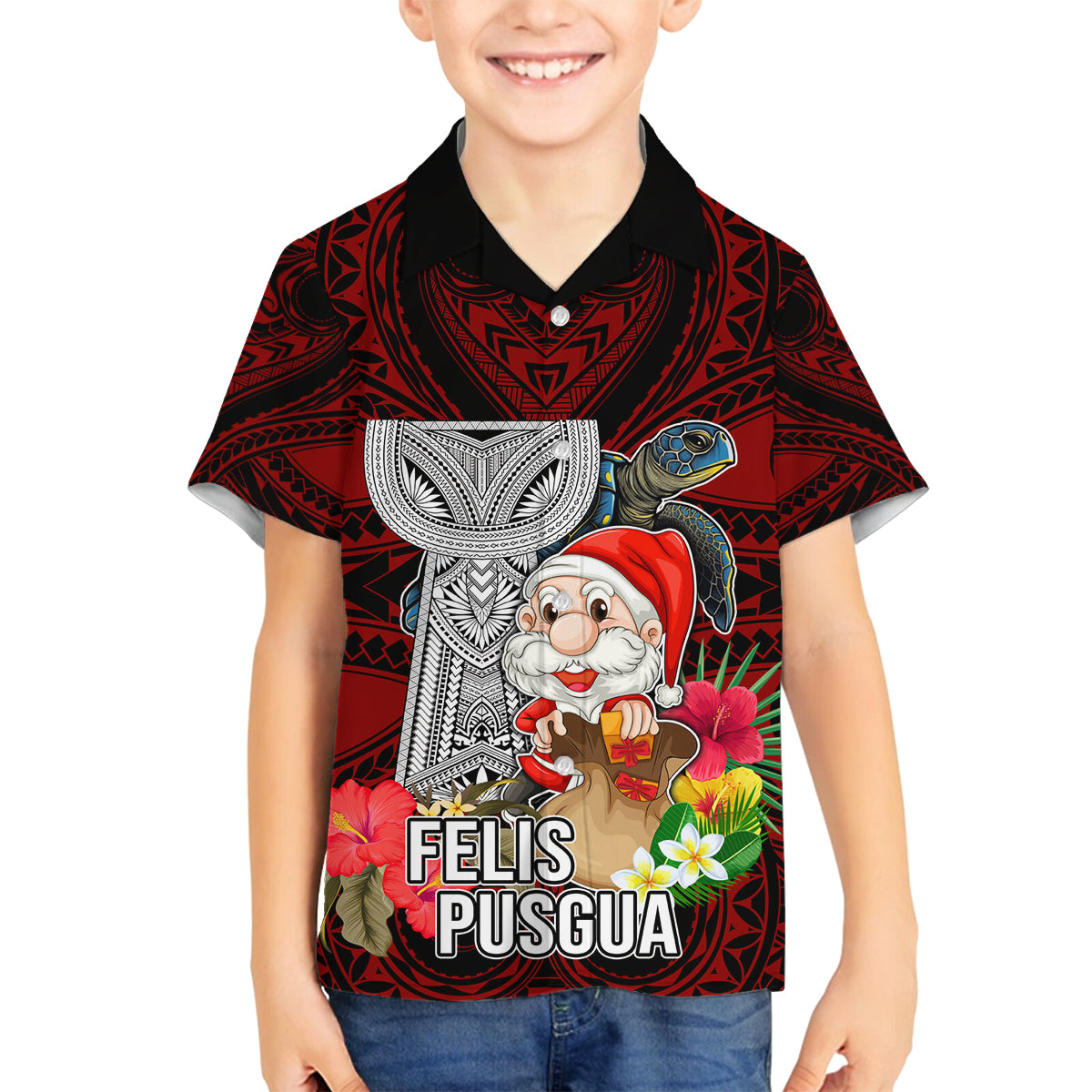 Custom Guam Christmas Family Matching Off Shoulder Maxi Dress and Hawaiian Shirt Santa Gift Latte Stone and Sea Turle Mix Hibiscus Chamorro Red Style LT03 Son's Shirt Red - Polynesian Pride