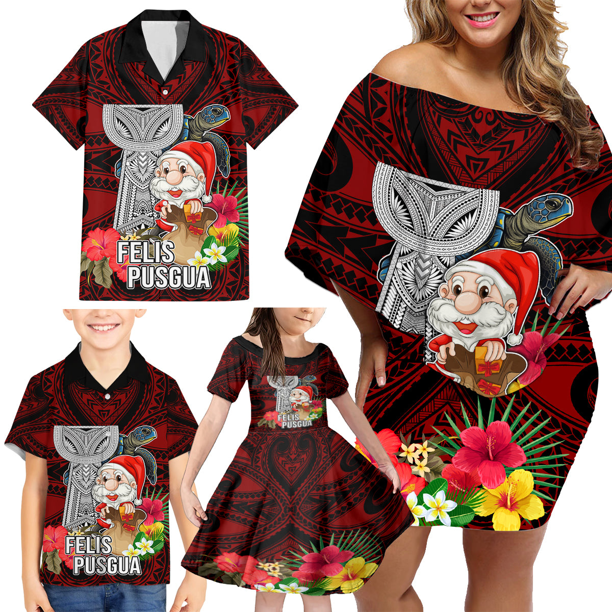 Custom Guam Christmas Family Matching Off Shoulder Short Dress and Hawaiian Shirt Santa Gift Latte Stone and Sea Turle Mix Hibiscus Chamorro Red Style LT03 - Polynesian Pride