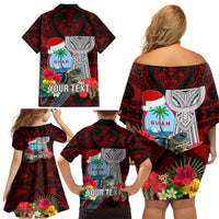 Custom Guam Christmas Family Matching Off Shoulder Short Dress and Hawaiian Shirt Santa Gift Latte Stone and Sea Turle Mix Hibiscus Chamorro Red Style LT03 - Polynesian Pride