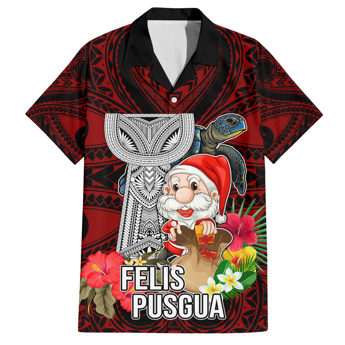 Custom Guam Christmas Family Matching Off Shoulder Short Dress and Hawaiian Shirt Santa Gift Latte Stone and Sea Turle Mix Hibiscus Chamorro Red Style LT03 Dad's Shirt - Short Sleeve Red - Polynesian Pride
