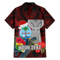 Custom Guam Christmas Family Matching Off Shoulder Short Dress and Hawaiian Shirt Santa Gift Latte Stone and Sea Turle Mix Hibiscus Chamorro Red Style LT03 - Polynesian Pride
