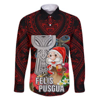 Custom Guam Christmas Family Matching Off Shoulder Short Dress and Hawaiian Shirt Santa Gift Latte Stone and Sea Turle Mix Hibiscus Chamorro Red Style LT03 Dad's Shirt - Long Sleeve Red - Polynesian Pride