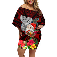 Custom Guam Christmas Family Matching Off Shoulder Short Dress and Hawaiian Shirt Santa Gift Latte Stone and Sea Turle Mix Hibiscus Chamorro Red Style LT03 Mom's Dress Red - Polynesian Pride
