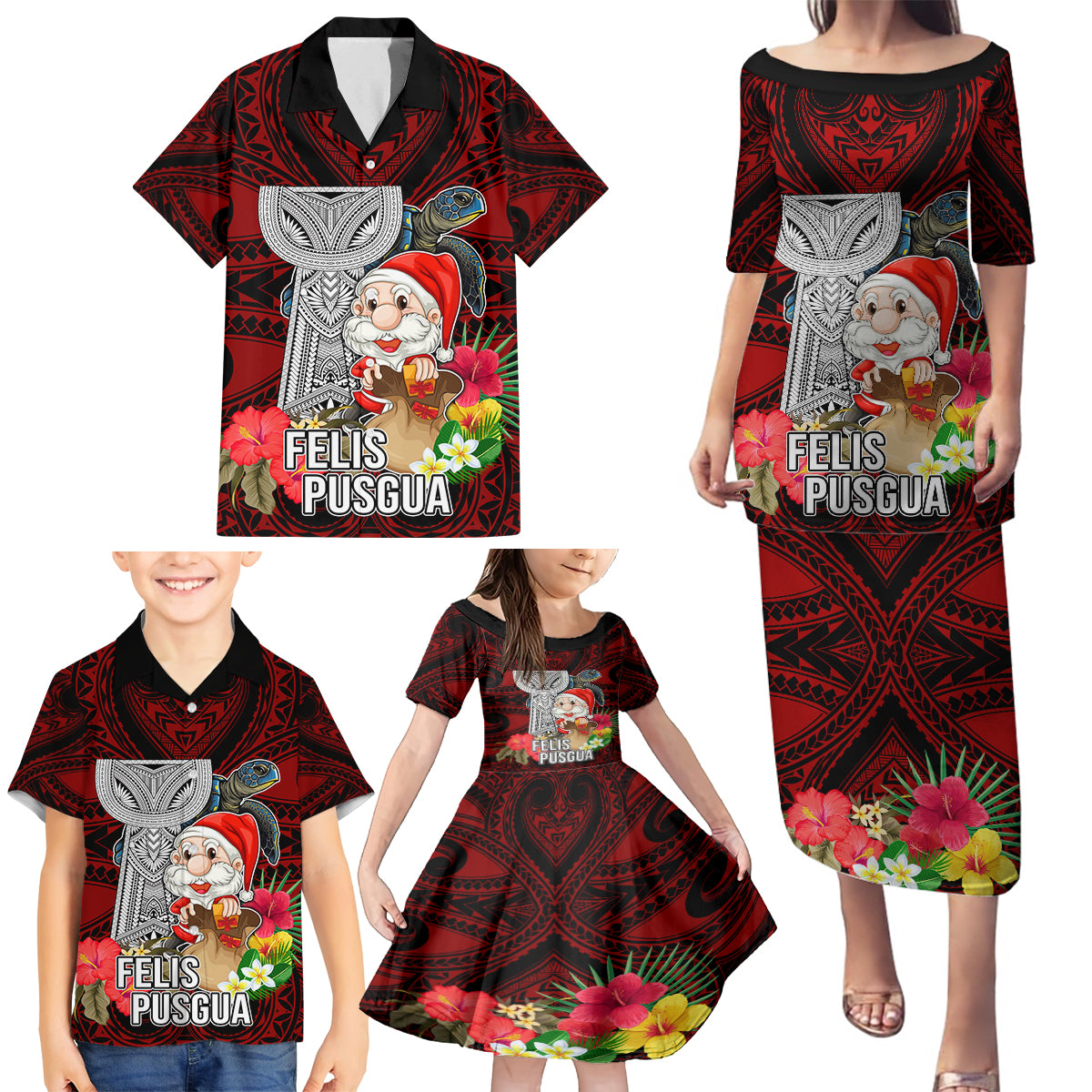 Custom Guam Christmas Family Matching Puletasi Dress and Hawaiian Shirt Santa Gift Latte Stone and Sea Turle Mix Hibiscus Chamorro Red Style LT03 - Polynesian Pride