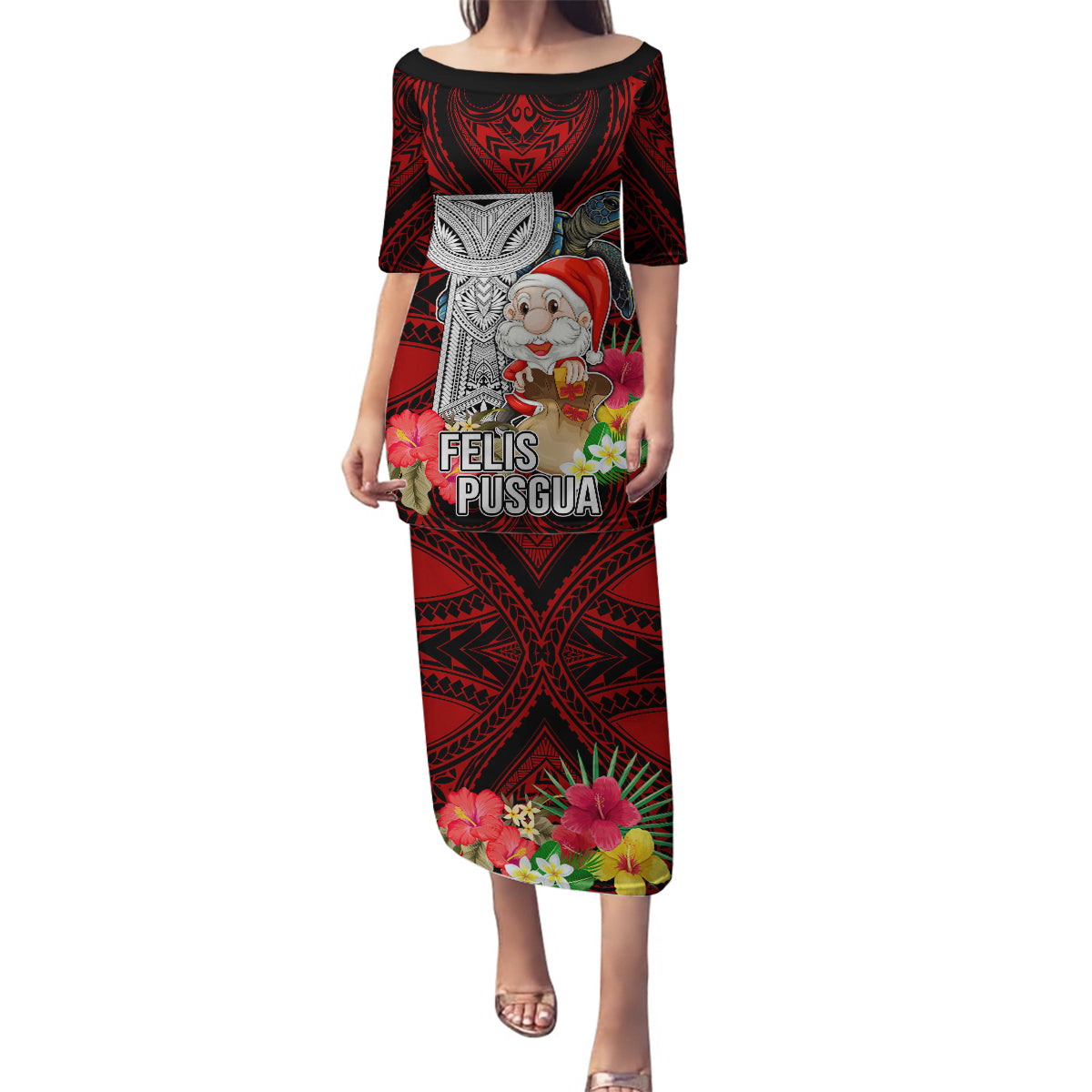 Custom Guam Christmas Family Matching Puletasi Dress and Hawaiian Shirt Santa Gift Latte Stone and Sea Turle Mix Hibiscus Chamorro Red Style LT03 Mom's Dress Red - Polynesian Pride