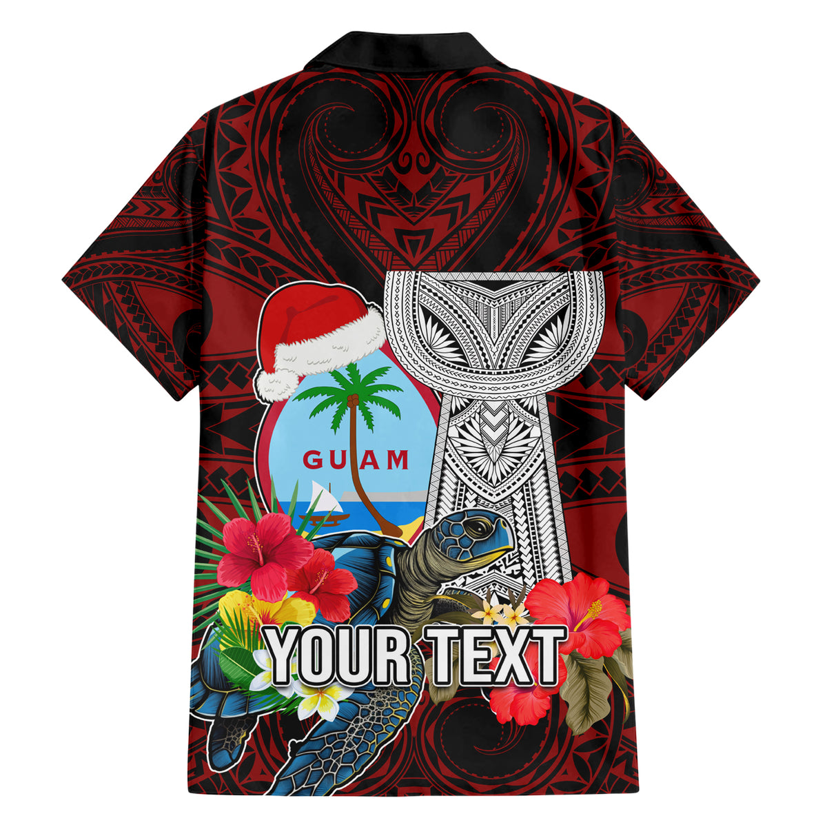 Custom Guam Christmas Family Matching Short Sleeve Bodycon Dress and Hawaiian Shirt Santa Gift Latte Stone and Sea Turle Mix Hibiscus Chamorro Red Style LT03