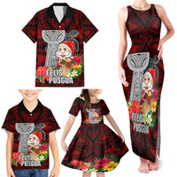 Custom Guam Christmas Family Matching Tank Maxi Dress and Hawaiian Shirt Santa Gift Latte Stone and Sea Turle Mix Hibiscus Chamorro Red Style LT03 - Polynesian Pride