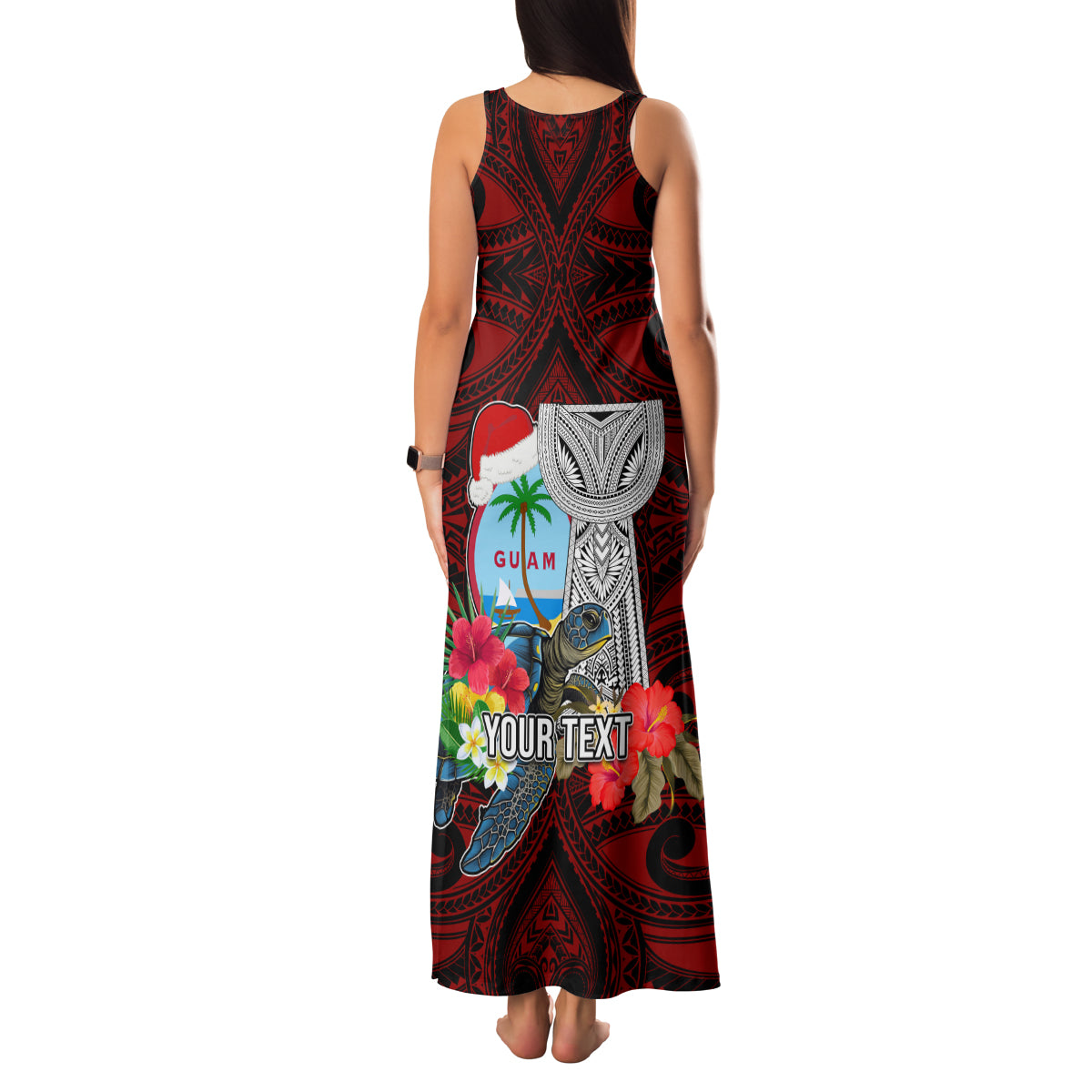 Custom Guam Christmas Family Matching Tank Maxi Dress and Hawaiian Shirt Santa Gift Latte Stone and Sea Turle Mix Hibiscus Chamorro Red Style LT03 - Polynesian Pride