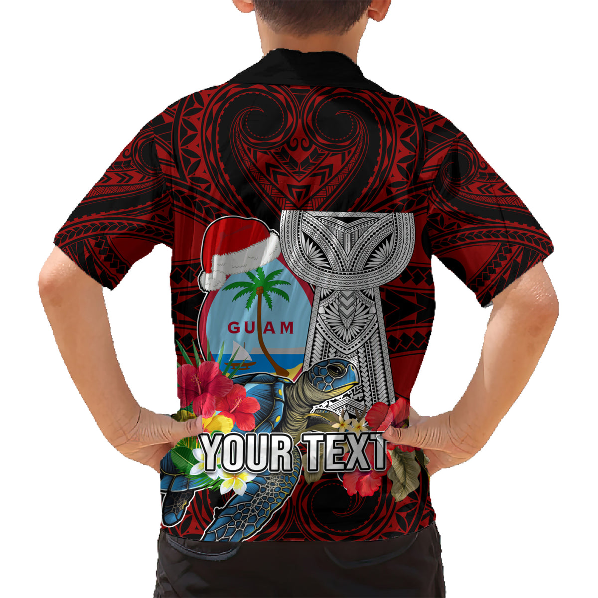 Custom Guam Christmas Kid Hawaiian Shirt Santa Gift Latte Stone and Sea Turle Mix Hibiscus Chamorro Red Style LT03