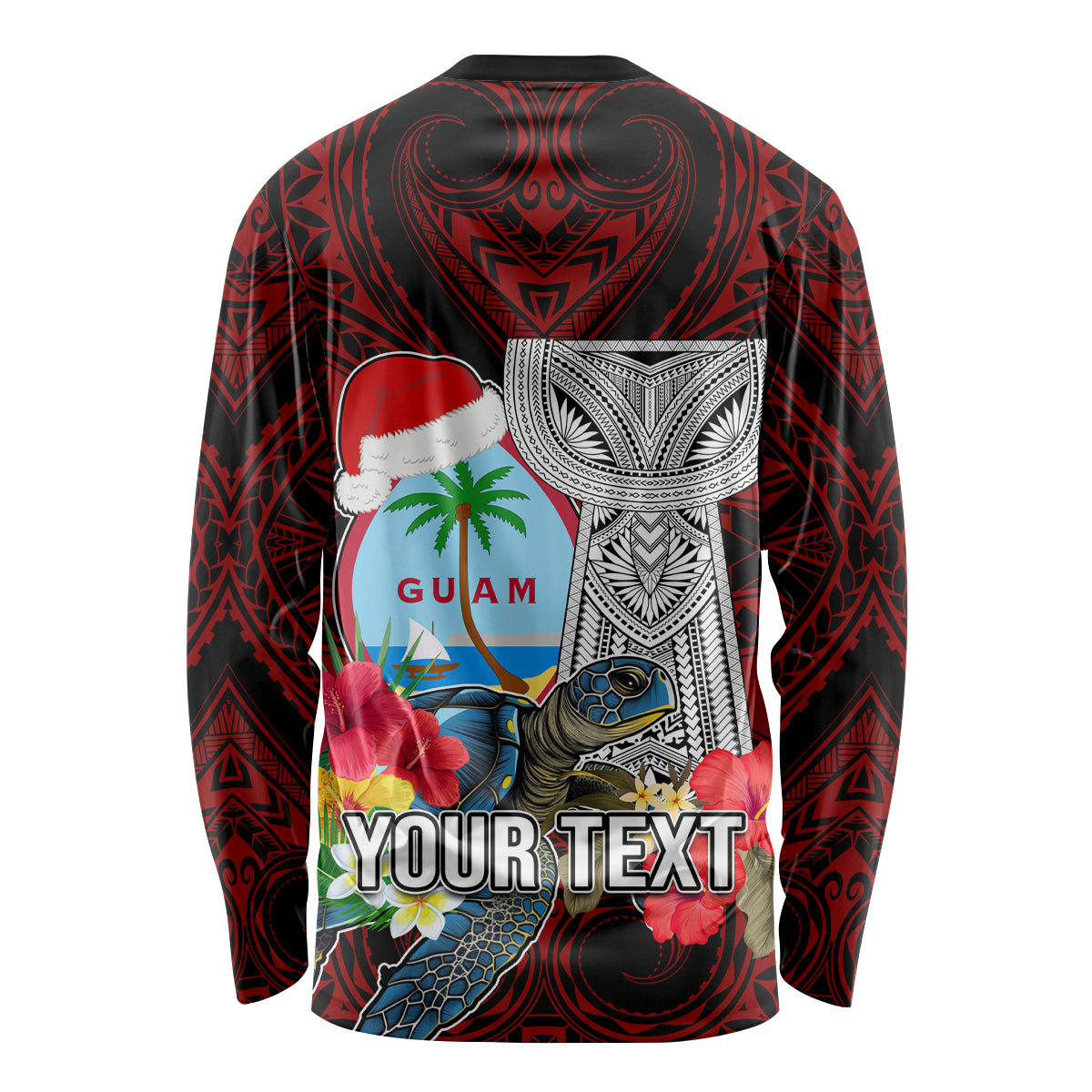 Custom Guam Christmas Long Sleeve Shirt Santa Gift Latte Stone and Sea Turle Mix Hibiscus Chamorro Red Style LT03