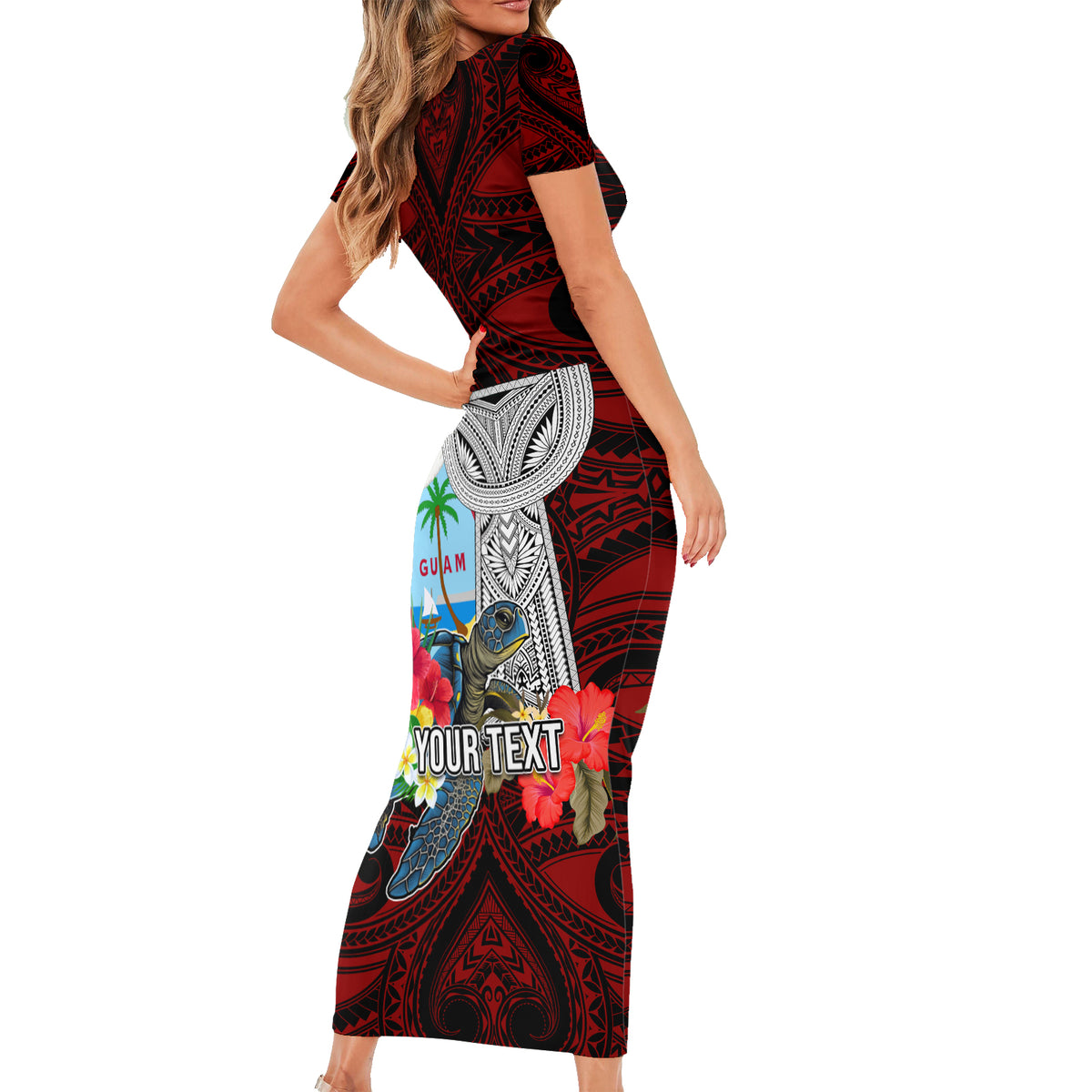 Custom Guam Christmas Short Sleeve Bodycon Dress Santa Gift Latte Stone and Sea Turle Mix Hibiscus Chamorro Red Style LT03