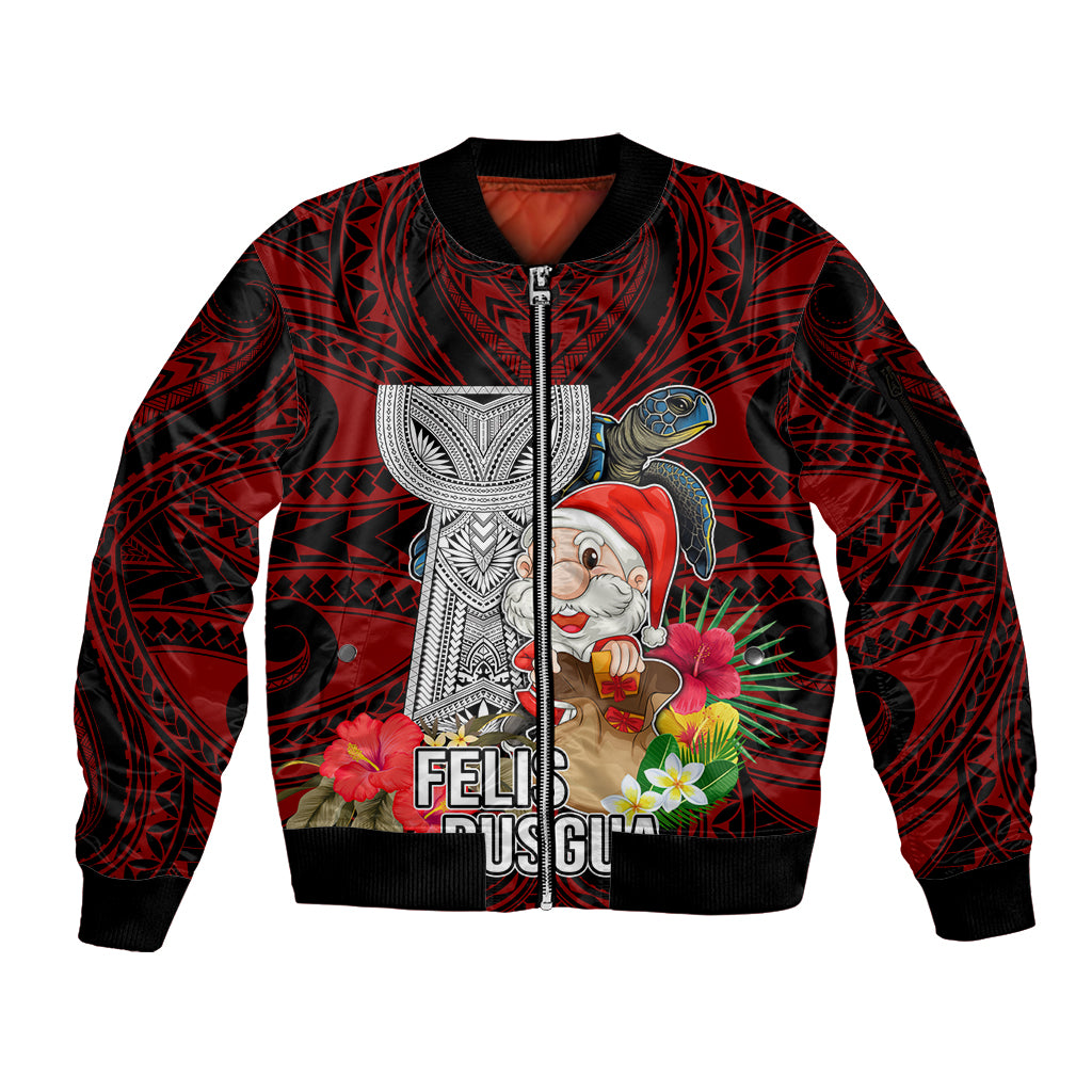 Custom Guam Christmas Sleeve Zip Bomber Jacket Santa Gift Latte Stone and Sea Turle Mix Hibiscus Chamorro Red Style LT03