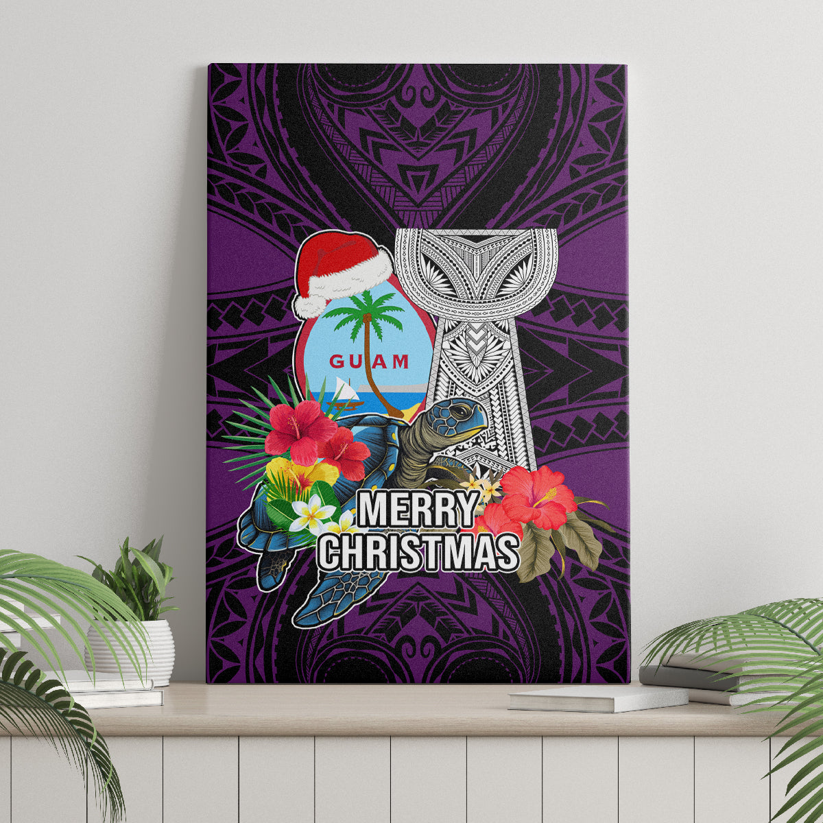 Guam Christmas Canvas Wall Art Santa Gift Latte Stone and Sea Turle Mix Hibiscus Chamorro Pink Style LT03 - Polynesian Pride