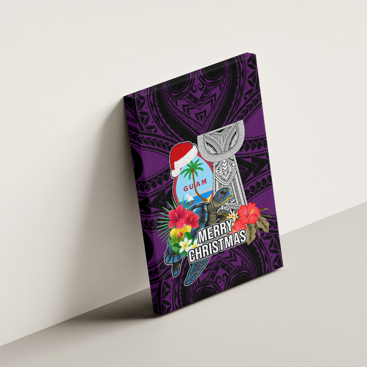 Guam Christmas Canvas Wall Art Santa Gift Latte Stone and Sea Turle Mix Hibiscus Chamorro Pink Style LT03 - Polynesian Pride