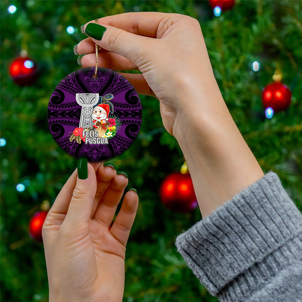 Guam Christmas Ceramic Ornament Santa Gift Latte Stone and Sea Turle Mix Hibiscus Chamorro Pink Style LT03