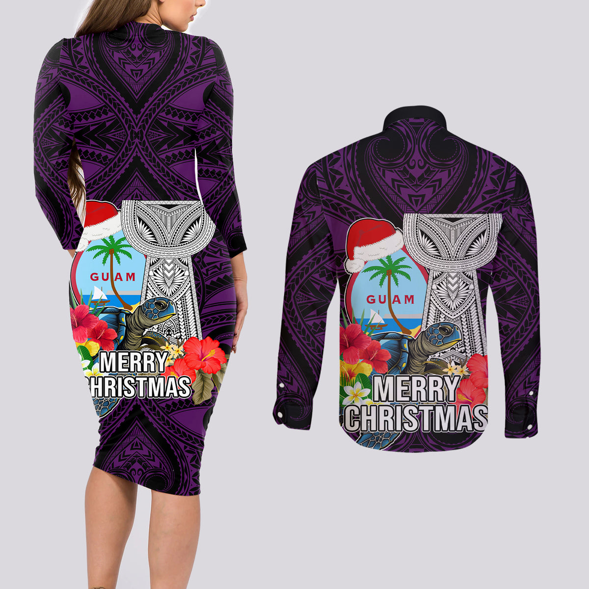 Guam Christmas Couples Matching Long Sleeve Bodycon Dress and Long Sleeve Button Shirt Santa Gift Latte Stone and Sea Turle Mix Hibiscus Chamorro Pink Style LT03