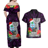 Guam Christmas Couples Matching Off Shoulder Maxi Dress and Hawaiian Shirt Santa Gift Latte Stone and Sea Turle Mix Hibiscus Chamorro Pink Style LT03 - Polynesian Pride