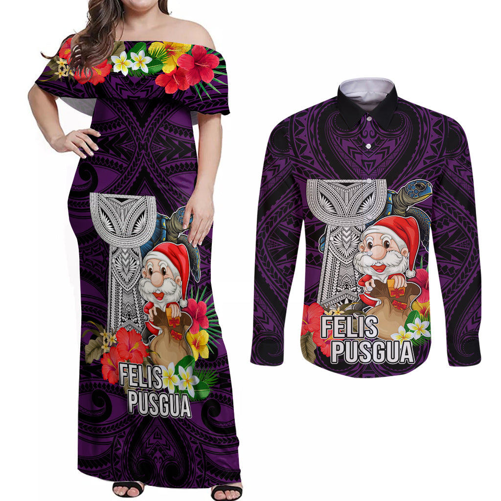 Guam Christmas Couples Matching Off Shoulder Maxi Dress and Long Sleeve Button Shirt Santa Gift Latte Stone and Sea Turle Mix Hibiscus Chamorro Pink Style LT03 Pink - Polynesian Pride