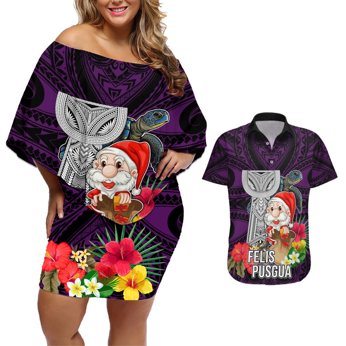 Guam Christmas Couples Matching Off Shoulder Short Dress and Hawaiian Shirt Santa Gift Latte Stone and Sea Turle Mix Hibiscus Chamorro Pink Style LT03 Pink - Polynesian Pride