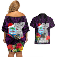 Guam Christmas Couples Matching Off Shoulder Short Dress and Hawaiian Shirt Santa Gift Latte Stone and Sea Turle Mix Hibiscus Chamorro Pink Style LT03 - Polynesian Pride