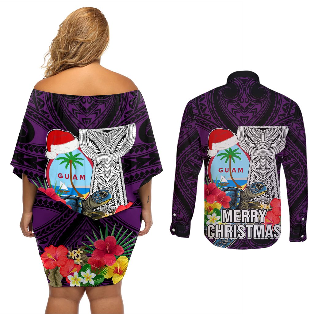 Guam Christmas Couples Matching Off Shoulder Short Dress and Long Sleeve Button Shirt Santa Gift Latte Stone and Sea Turle Mix Hibiscus Chamorro Pink Style LT03 - Polynesian Pride