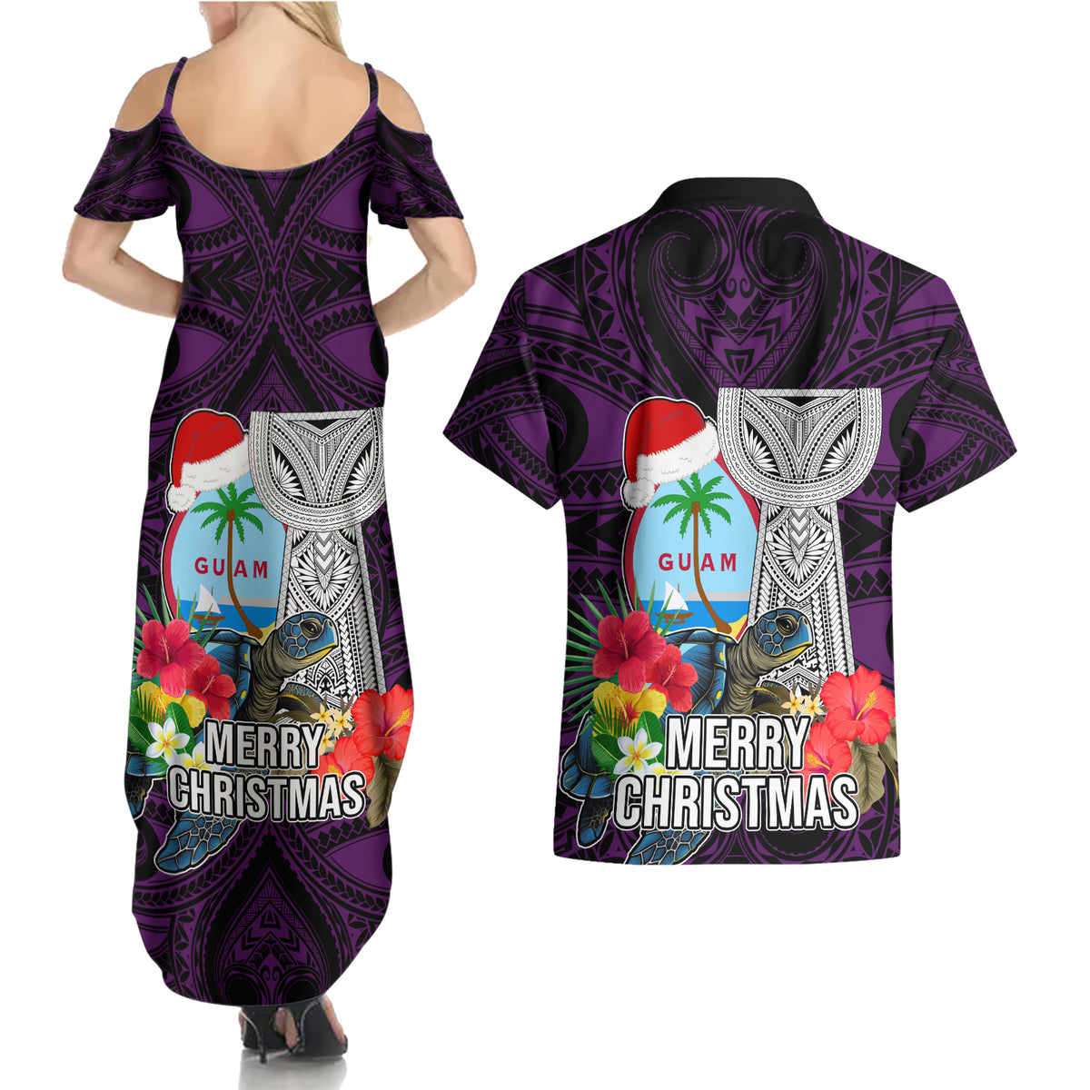 Guam Christmas Couples Matching Summer Maxi Dress and Hawaiian Shirt Santa Gift Latte Stone and Sea Turle Mix Hibiscus Chamorro Pink Style LT03