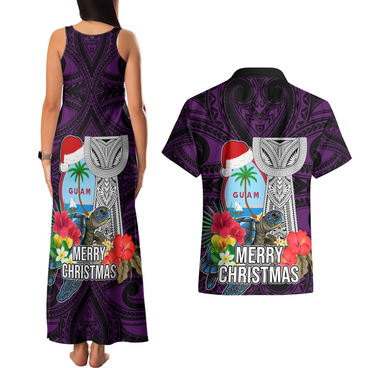 Guam Christmas Couples Matching Tank Maxi Dress and Hawaiian Shirt Santa Gift Latte Stone and Sea Turle Mix Hibiscus Chamorro Pink Style LT03