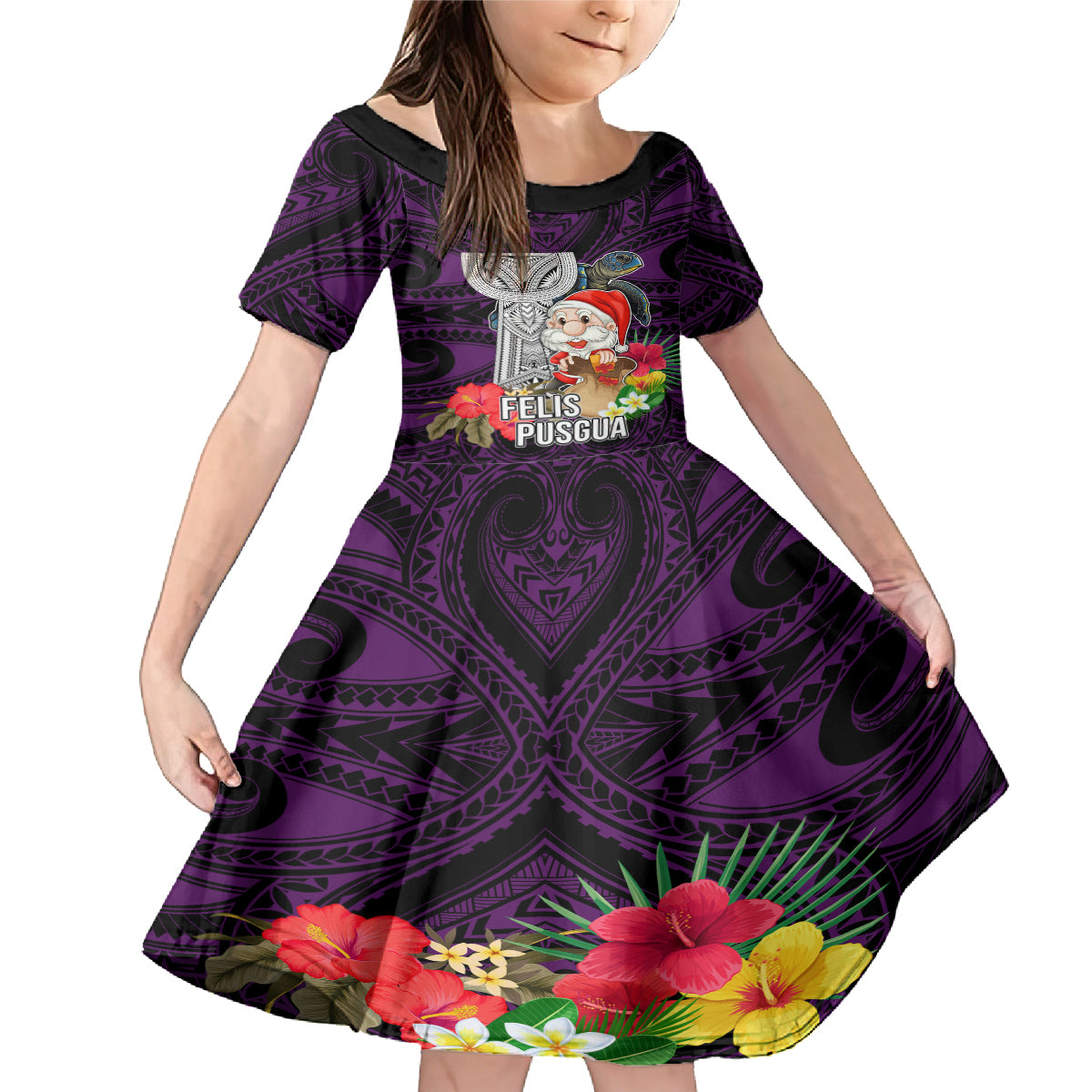 Guam Christmas Family Matching Mermaid Dress and Hawaiian Shirt Santa Gift Latte Stone and Sea Turle Mix Hibiscus Chamorro Pink Style LT03