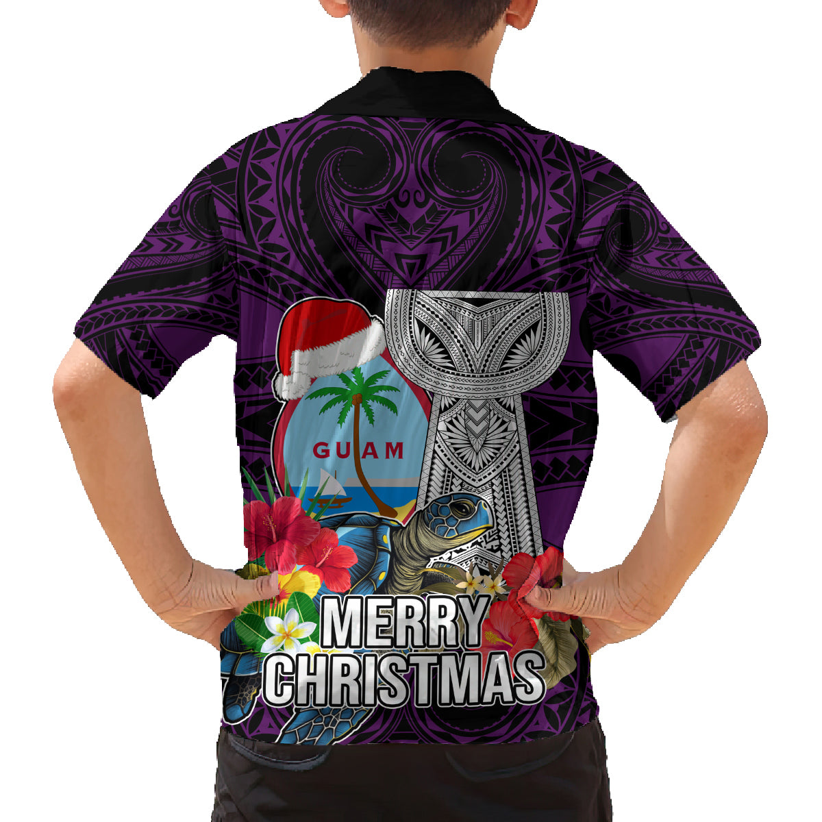 Guam Christmas Family Matching Off Shoulder Maxi Dress and Hawaiian Shirt Santa Gift Latte Stone and Sea Turle Mix Hibiscus Chamorro Pink Style LT03 - Polynesian Pride