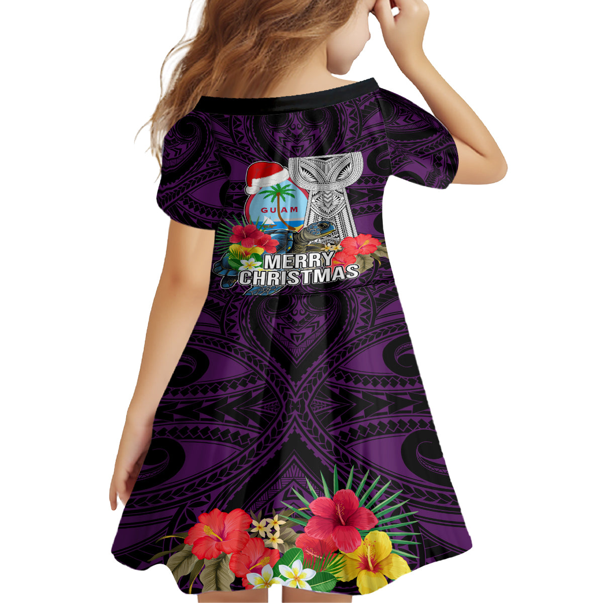Guam Christmas Family Matching Off Shoulder Maxi Dress and Hawaiian Shirt Santa Gift Latte Stone and Sea Turle Mix Hibiscus Chamorro Pink Style LT03 - Polynesian Pride