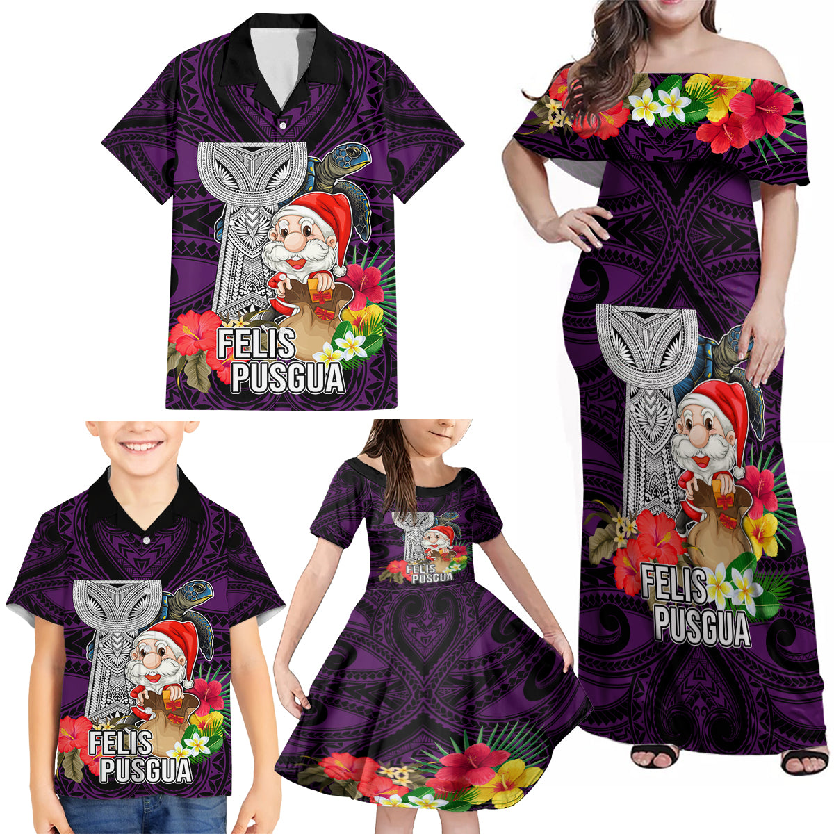 Guam Christmas Family Matching Off Shoulder Maxi Dress and Hawaiian Shirt Santa Gift Latte Stone and Sea Turle Mix Hibiscus Chamorro Pink Style LT03 - Polynesian Pride