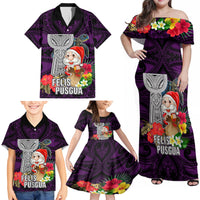 Guam Christmas Family Matching Off Shoulder Maxi Dress and Hawaiian Shirt Santa Gift Latte Stone and Sea Turle Mix Hibiscus Chamorro Pink Style LT03 - Polynesian Pride
