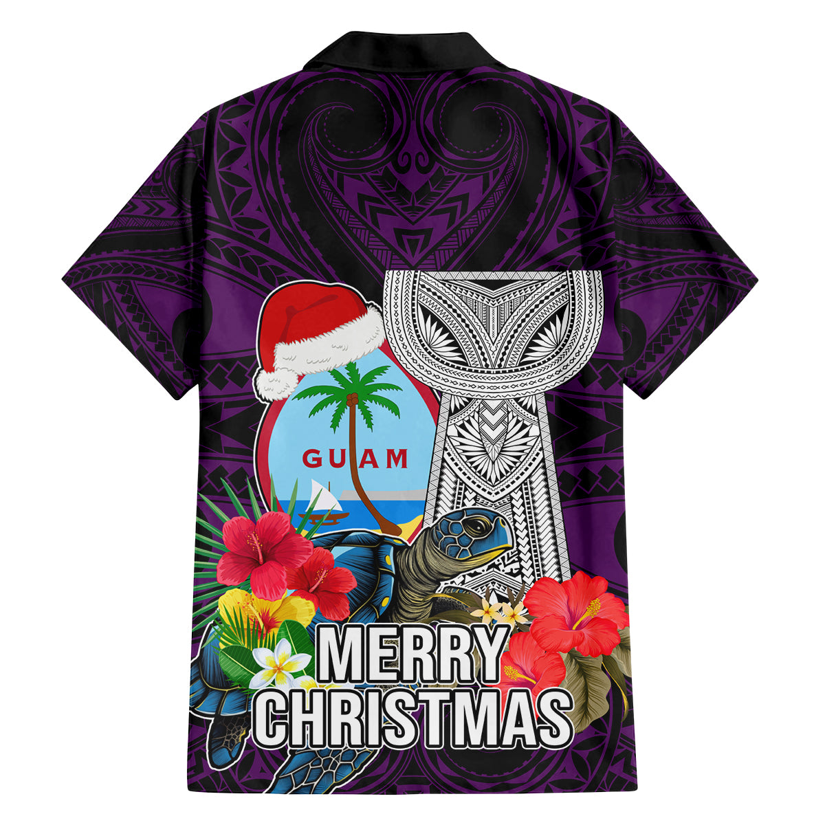 Guam Christmas Family Matching Off Shoulder Maxi Dress and Hawaiian Shirt Santa Gift Latte Stone and Sea Turle Mix Hibiscus Chamorro Pink Style LT03 - Polynesian Pride