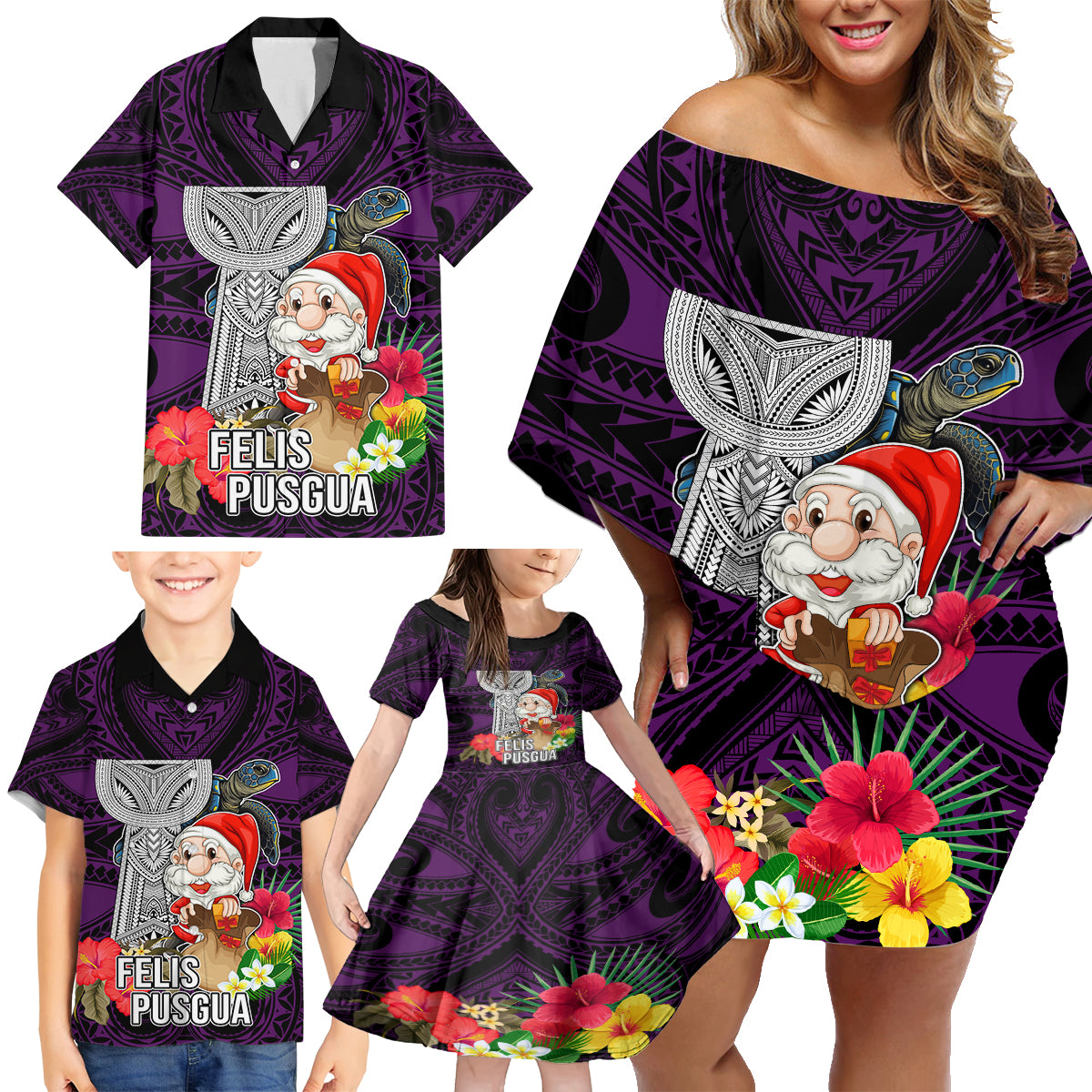 Guam Christmas Family Matching Off Shoulder Short Dress and Hawaiian Shirt Santa Gift Latte Stone and Sea Turle Mix Hibiscus Chamorro Pink Style LT03 - Polynesian Pride