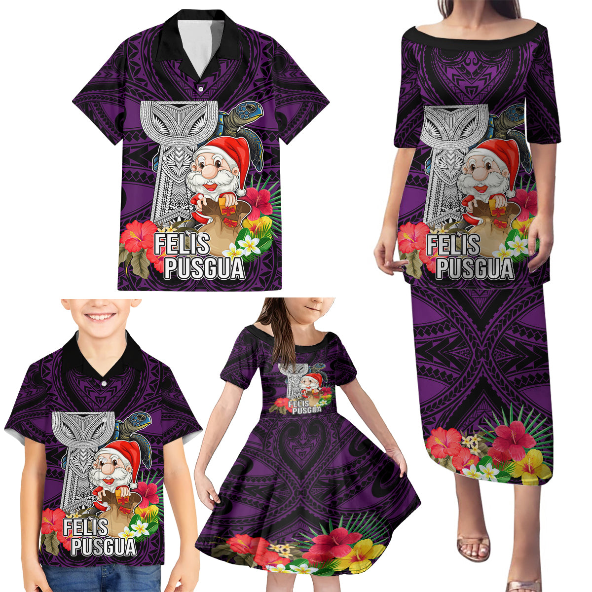 Guam Christmas Family Matching Puletasi Dress and Hawaiian Shirt Santa Gift Latte Stone and Sea Turle Mix Hibiscus Chamorro Pink Style LT03 - Polynesian Pride