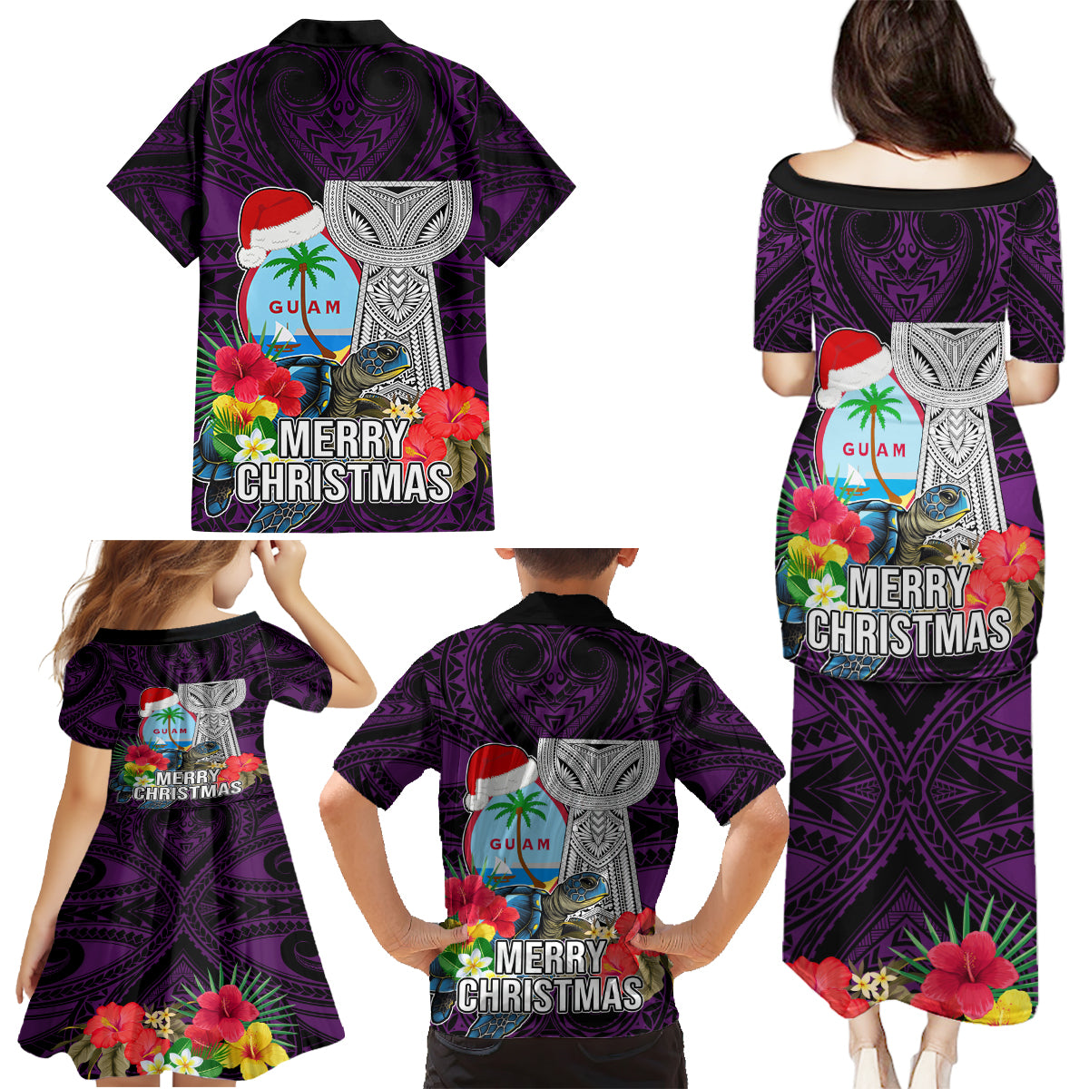 Guam Christmas Family Matching Puletasi Dress and Hawaiian Shirt Santa Gift Latte Stone and Sea Turle Mix Hibiscus Chamorro Pink Style LT03 - Polynesian Pride