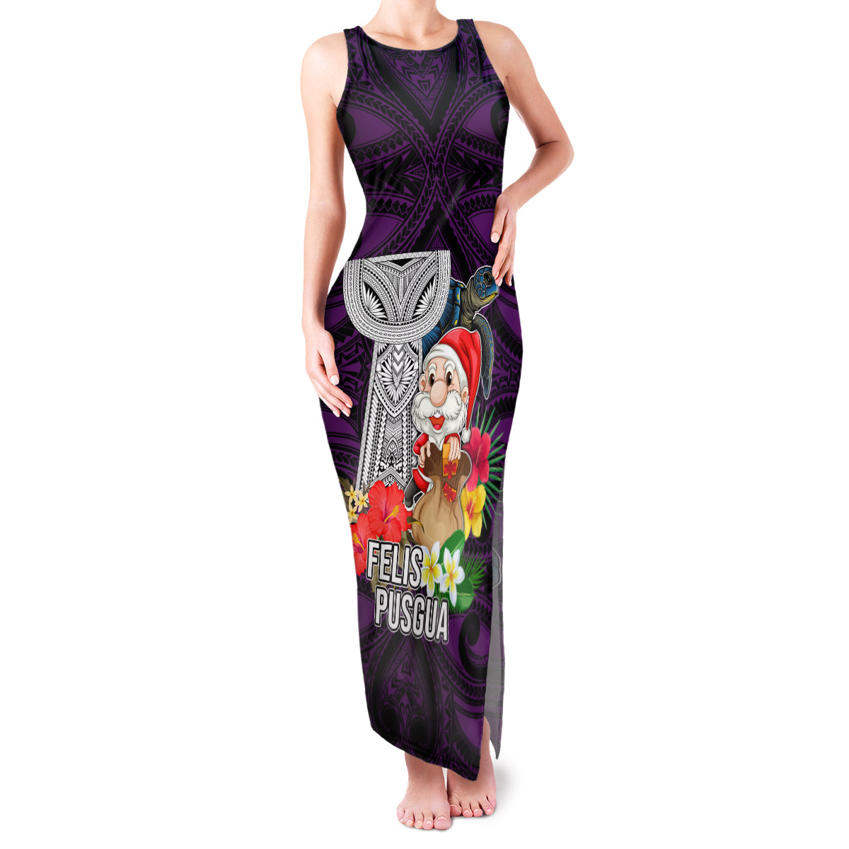 Guam Christmas Family Matching Tank Maxi Dress and Hawaiian Shirt Santa Gift Latte Stone and Sea Turle Mix Hibiscus Chamorro Pink Style LT03 Mom's Dress Pink - Polynesian Pride