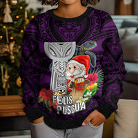 Guam Christmas Kid Ugly Christmas Sweater Santa Gift Latte Stone and Sea Turle Mix Hibiscus Chamorro Pink Style LT03