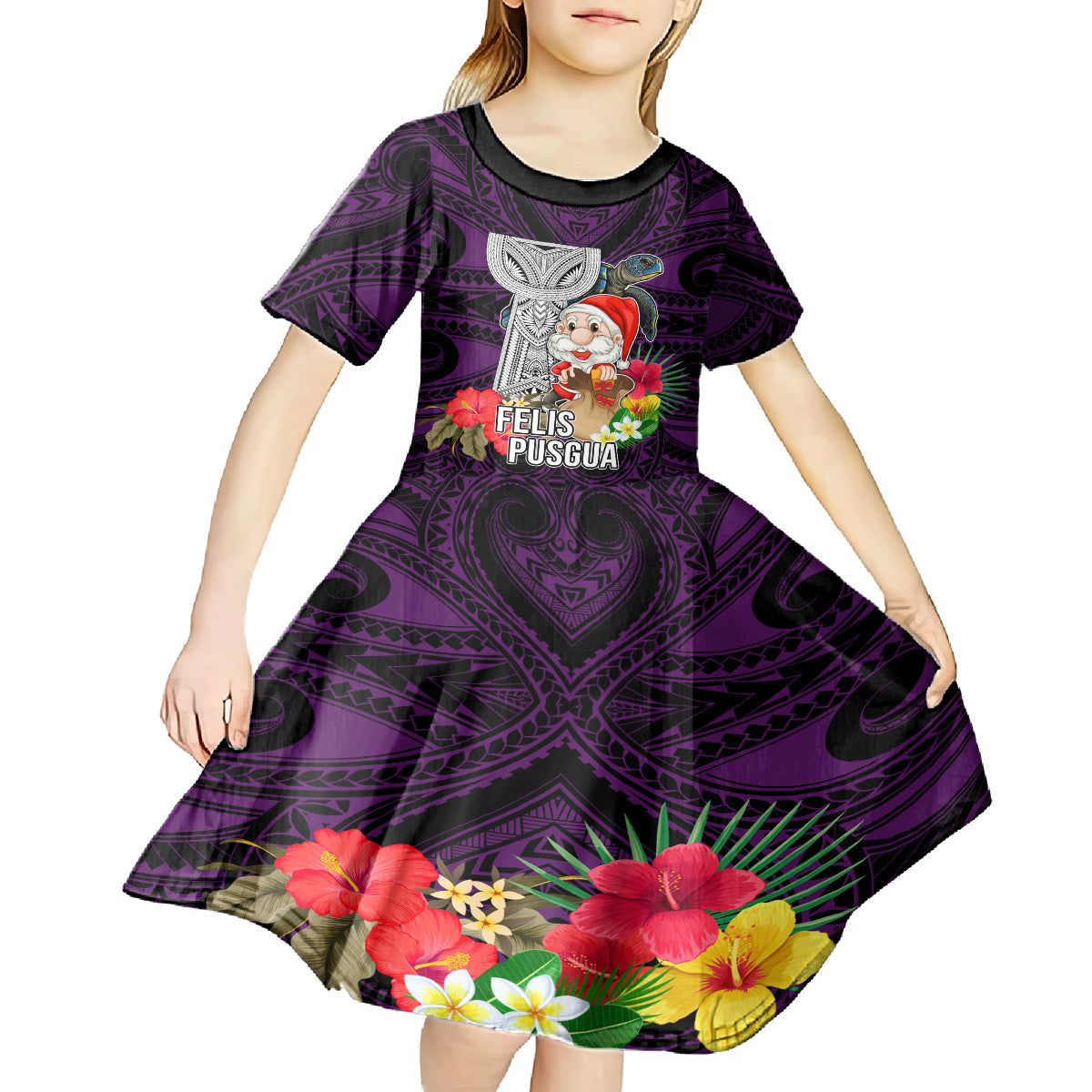 Guam Christmas Kid Short Sleeve Dress Santa Gift Latte Stone and Sea Turle Mix Hibiscus Chamorro Pink Style LT03