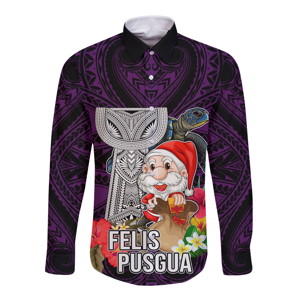 Guam Christmas Long Sleeve Button Shirt Santa Gift Latte Stone and Sea Turle Mix Hibiscus Chamorro Pink Style LT03