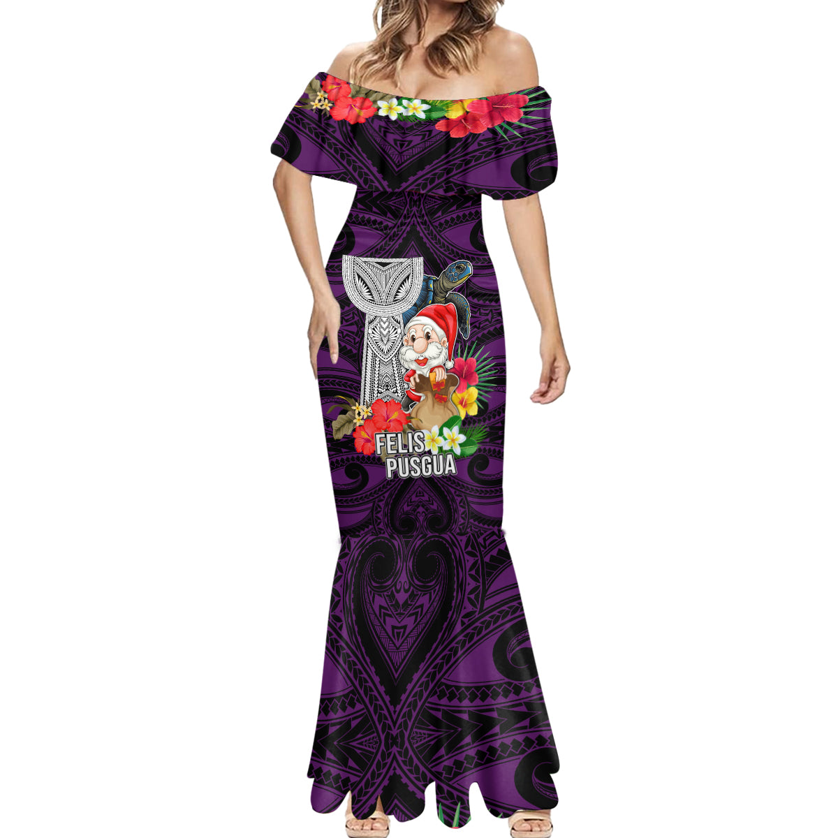 Guam Christmas Mermaid Dress Santa Gift Latte Stone and Sea Turle Mix Hibiscus Chamorro Pink Style LT03